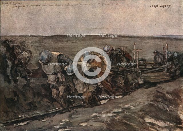 'Sur le front d'artois (fevrier 1916); Transporte de materiaux pour tranchees', 1916. Creator: Jean Lefort.