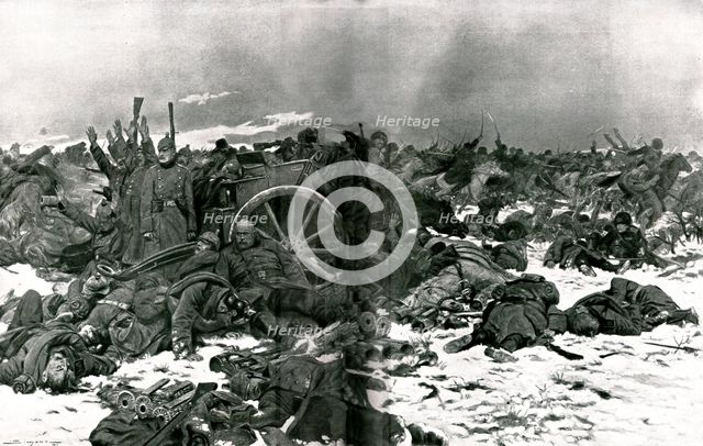 'Sur le front de Pologne; une charge des Cosaques de l'oural, sur une batterie allemande', 1914. Creator: J Simont.