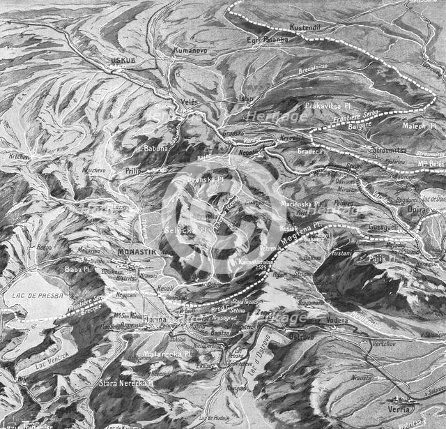 'Sur le front des balkans. -- Vue panaoramique du terrain des operations dans les Balkans..., 1916. Creator: L. Trinquier.