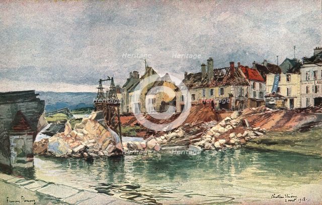 'Sur les Champs de Bataille de 1918; le pont detruit de Chateau-Tierry', 1918. Creator: Francois Flameng.