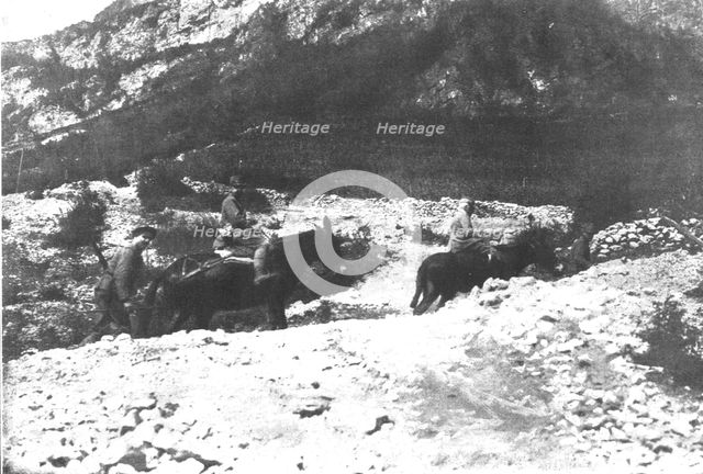 'Sur les fronts Italiens du Carso et du Trentin; le general Cadorna, a dos de mulet et suivi...,1916 Creator: Unknown.