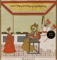 Surat Singh sits on a lion-armed throne and receives his young son, c1800