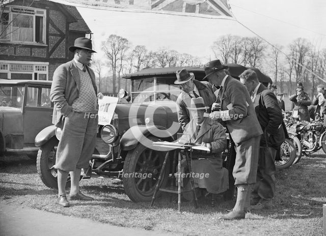 Surbiton Motor Club motorcycle trial, Talbot Hotel, Ripley, Surrey, c1930.   Artist: Bill Brunell.