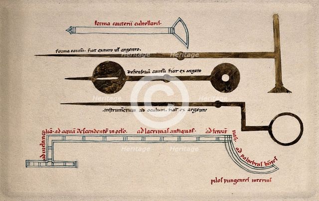Surgical instruments, including cauterising needles. Creator: Unknown.