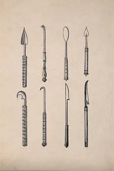 Surgical instruments, mainly spatulas and needles. Creator: Unknown