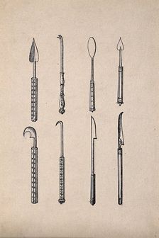 Surgical instruments, mainly spatulas and needles. Creator: Unknown