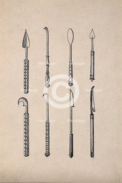 Surgical instruments, mainly spatulas and needles. Creator: Unknown.