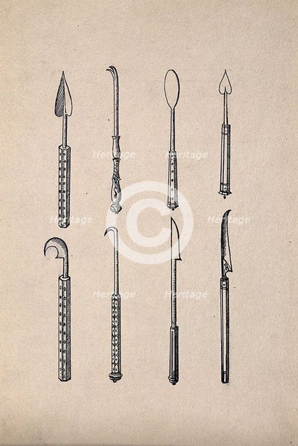 Surgical instruments, mainly spatulas and needles. Creator: Unknown.