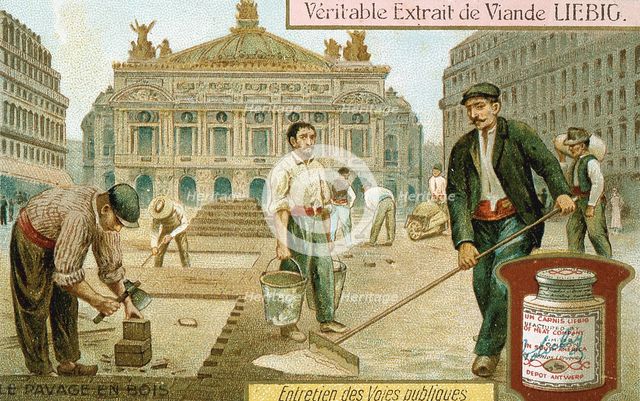 Surfacing a Paris street with wooden blocks, c1900. Creator: Unknown.