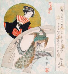 Surimono-Lady with Fan and Peacock, 1825-1849. Creator: Gakutei