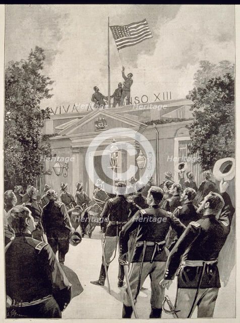 Surrender of Santiago de Chile, the American flag is raised on the governor's palace before Gener…