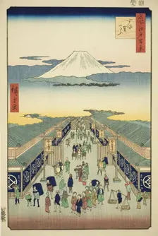 Surugacho, from the series "One Hundred Famous Views of Edo (Meisho Edo hyakkei)", 1856. Creator: Ando Hiroshige