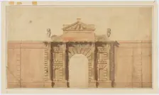 Survey drawing of great gate, Burlington House, Piccadilly, Westminster, London: elevation..., c1812 Creator: Samuel Ware