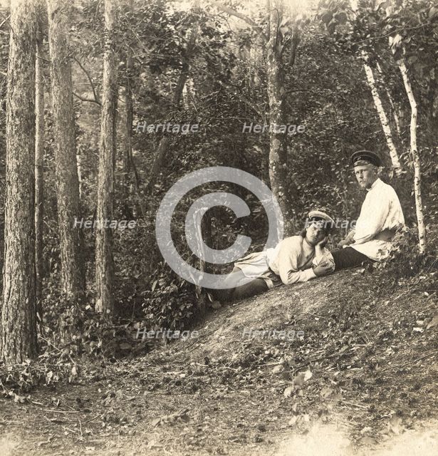 Survey engineers N.N. Vylezhinsky and A.M. Vikhman on vacation in the forest, 1909. Creator: Vladimir Ivanovich Fedorov.