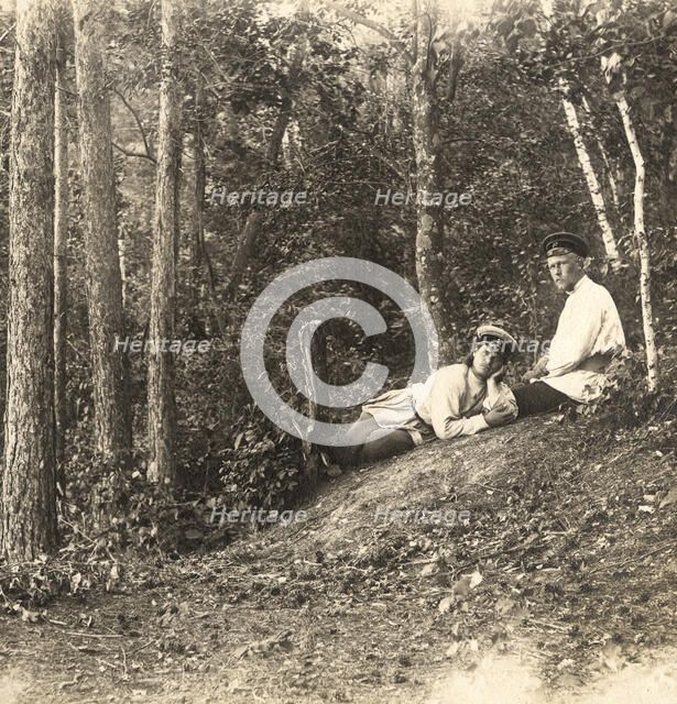 Survey engineers N.N. Vylezhinsky and A.M. Vikhman on vacation in the forest, 1909. Creator: Vladimir Ivanovich Fedorov.