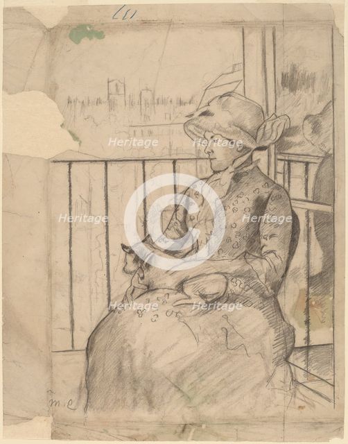 Susan on a Balcony Holding a Dog [recto], c. 1883. Creator: Mary Cassatt.