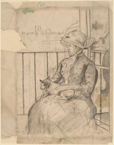 Susan on a Balcony Holding a Dog [recto], c. 1883. Creator: Mary Cassatt
