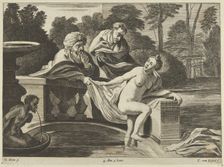 Susanna, partly naked and stepping out of a fountain with two elders at left, one o..., ca. 1656-60. Creator: Théodorus van Kessel