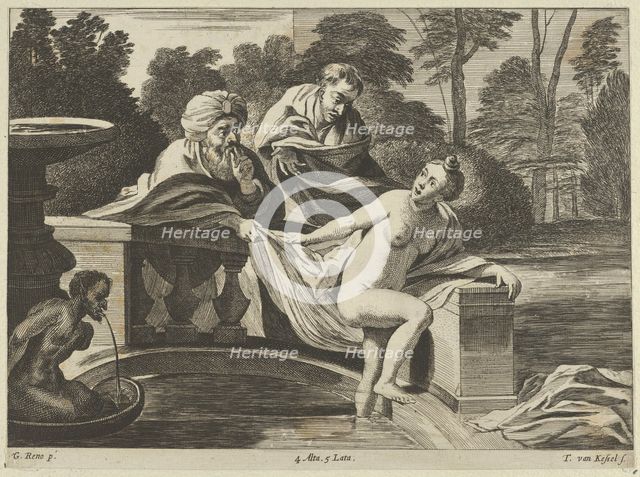 Susanna, partly naked and stepping out of a fountain with two elders at left, one o..., ca. 1656-60. Creator: Théodorus van Kessel.