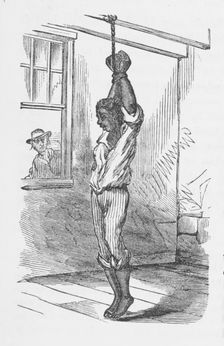 Suspended by the hands with block and tackle, 1872. Creator: Unknown
