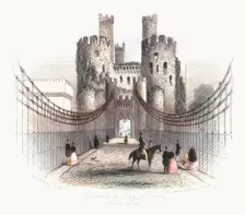 Suspension bridge over the Conwy estuary, Wales, c1840. Creator: Newman & Co
