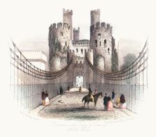 Suspension bridge over the Conwy estuary, Wales, c1840. Creator: Newman & Co