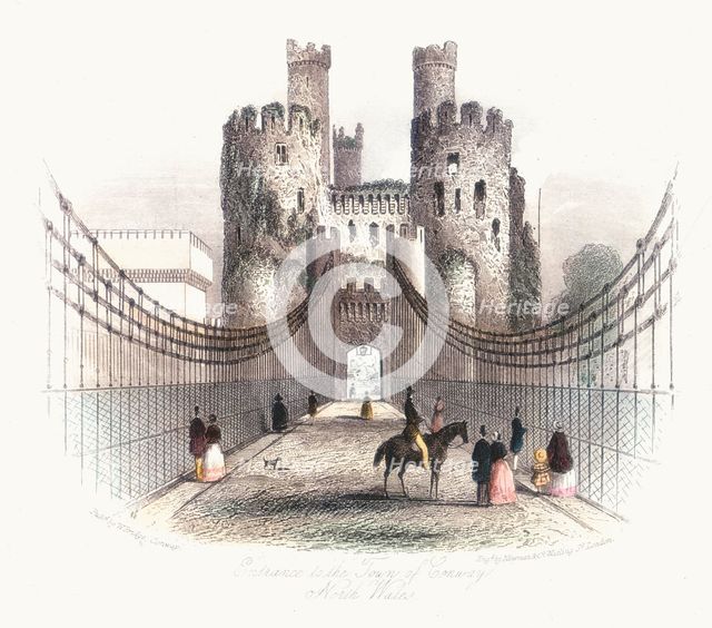 Suspension bridge over the Conwy estuary, Wales, c1840. Creator: Newman & Co.