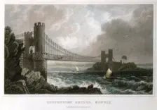 Suspension bridge over the Conwy estuary, Wales, c1840. Creator: Unknown