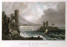 Suspension bridge over the Conwy estuary, Wales, c1840. Creator: Unknown