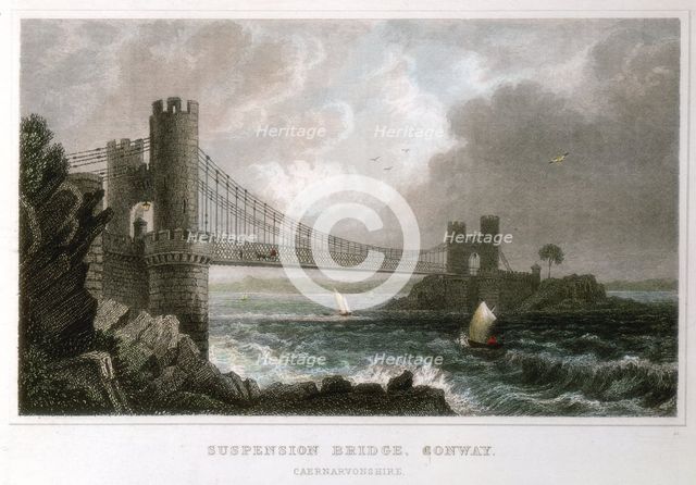 Suspension bridge over the Conwy estuary, Wales, c1840. Creator: Unknown.