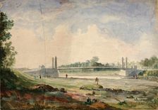 Suspension Bridge over the Arno, near the Cascine, Florence, 19th century. Creator: Miner Kilbourne Kellogg