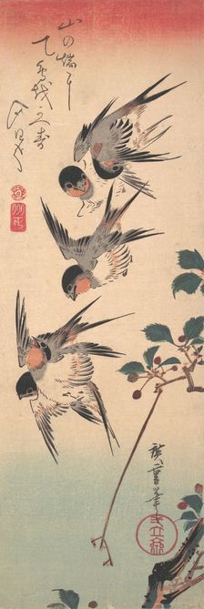 Swallows and Budding Wild Cherry, ca. 1835., ca. 1835. Creator: Ando Hiroshige