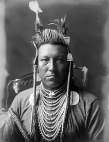 Swallow Bird, Crow Indian, Montana, head-and-shoulders portrait, facing front, painted..., c1908. Creator: Edward Sheriff Curtis