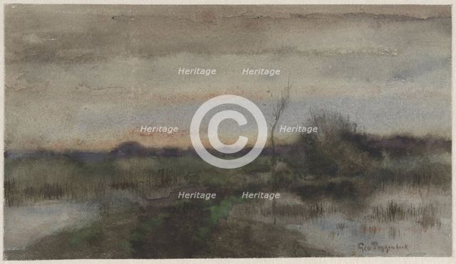 Swamp landscape with sunset, 1863-1903. Creator: George Poggenbeek.