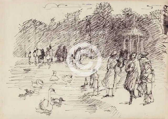 Swans on the Round Pond in Kensington Gardens, London, c1950. Creator: Shirley Markham.