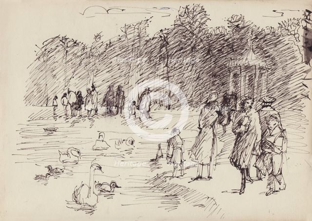 Swans on the Round Pond in Kensington Gardens, London, c1950. Creator: Shirley Markham.
