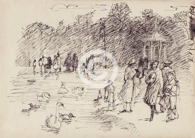 Swans on the Round Pond in Kensington Gardens, London, c1950. Creator: Shirley Markham.