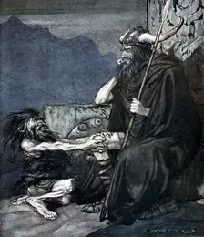 Swear to me, Hagen, my son! 1924. Creator: Arthur Rackham