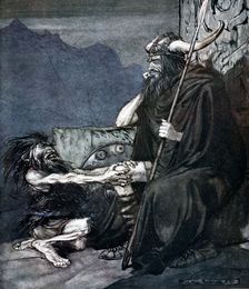Swear to me, Hagen, my son! 1924. Creator: Arthur Rackham
