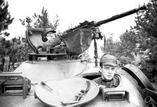 Swedish Army tank on manoeuvres, Scania, Sweden, 1967