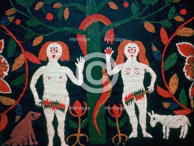 Swedish embroidery of Adam, Eve, and the serpent, 19th century. Artist: Unknown