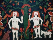 Swedish embroidery of Adam, Eve, and the serpent, 19th century