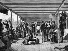 Swedish emigrants on the deck of a ship, 1880s. Creator: Unknown