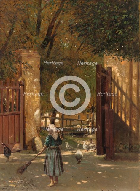 Sweeping the courtyard, 1902. Creator: Eduard Majsch.