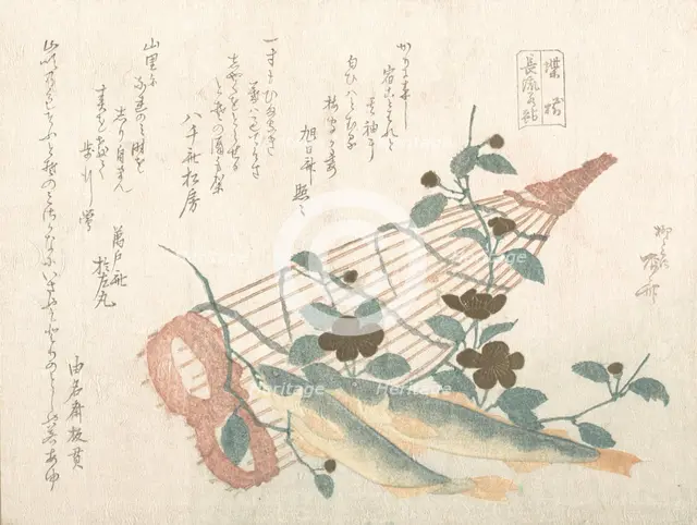Sweet Fishes of the Nagara River, with Baskets and Flowers, 19th century., 19th century. Creator: Shinsai.