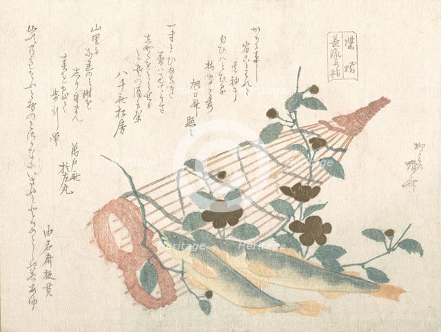 Sweet Fishes of the Nagara River, with Baskets and Flowers, 19th century., 19th century. Creator: Shinsai.