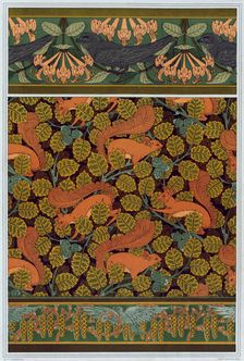 Swifts and honeysuckle. Squirrel and hazelnut. Birds and blooming hazel tree, 1897. Creator: Verneuil, Maurice Pillard (1869-1942)