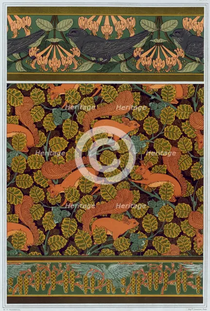 Swifts and honeysuckle. Squirrel and hazelnut. Birds and blooming hazel tree, 1897. Creator: Verneuil, Maurice Pillard (1869-1942).