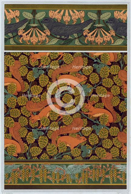 Swifts and honeysuckle. Squirrel and hazelnut. Birds and blooming hazel tree, 1897. Creator: Verneuil, Maurice Pillard (1869-1942).