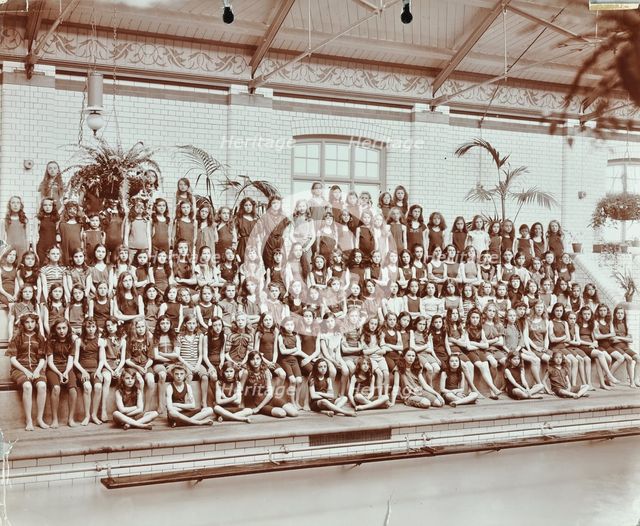 Swimming class, Lavender Hill Girls School, Bermondsey, London, 1906. Artist: Unknown.